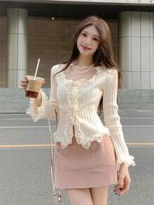 Women's French Lace Trim Long Sleeve Fitted Cardigan Sweater, Suitable For Autumn/Winter, Sweet Girly Style, Suitable For Daily Wear And Dates, Long Sleeve Top - Apricot - View 5