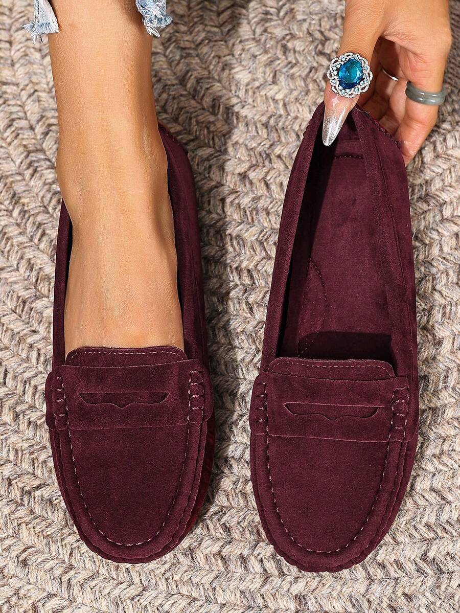 新款女士绒面针织红色平底鞋，优雅仿绒面酒红色平底鞋，四季皆宜的舒适纯色套脚乐福鞋，圆头百搭休闲高端轻便户外/工作鞋，女士工作鞋，套脚鞋，女士正装鞋，商务休闲女鞋，酒红色女鞋