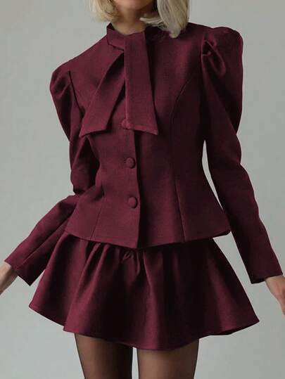 Conjunto elegante de 2 piezas para mujer: camisa de manga larga ajustada y falda mini de cintura alta, unicolor