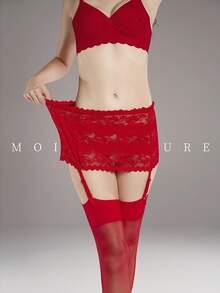 MOIRÉALLURE 1套女款誘惑蕾絲吊襪帶襪子，私密情趣內衣，及膝長襪與吊襪帶配件 - 紅色 - 查看 4