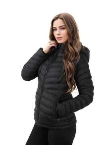 Women's Quilted Jacket 橫壓紋純色保暖外套 拉鍊口袋 時尚簡約 百搭 - 黑色 - 查看 1