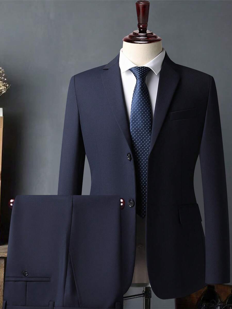 Men's White High-End Suit Set, Wrinkle Resistant And Non Hair Stained, Business Formal Wear, Four Season Commuting, Workplace, Party Dress, Two-Piece Set - 藏蓝色 - 查看 1