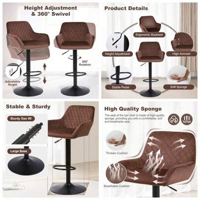Bar Stools Set Of 2, Height Adjustable Velvet Fabric Swivel Barstool Bar Chairs, Breakfast Dining Stools With Backrest And Armrest Bar, Counter And Ki