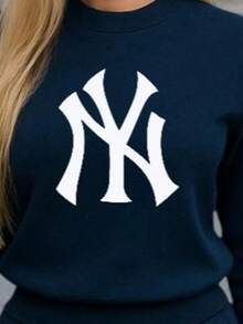 Conjunto de pants  Sudadera y pantalón  Felpa suave  Cuello redondo Estilo cómodo  Conjunto deportivo - Azul Marino - Ver 2