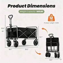 1pc Heavy Duty Collapsible Foldable Utility Wagon Cart With All-Terrain Wheels, 360LB Capacity Metal Frame & Plastic Tires For Beach, RV Storage, Camping, Sports - Black, Camping Utility Cart | Foldable Wagon Cart | Metal Frame Cart, Wagon Foldable - Black - View 4