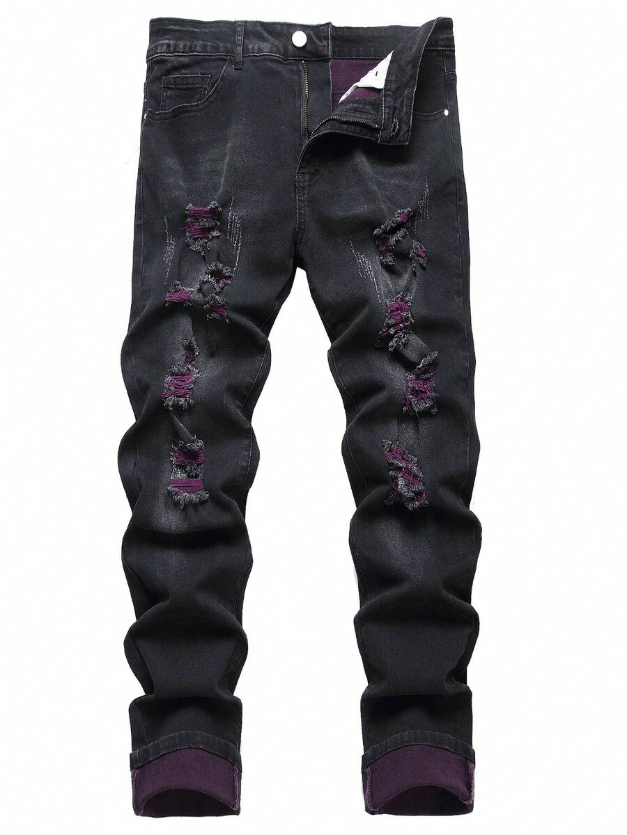 Men's Slim-Fit Stretch Jeans - Purple Distressed Skinny Jeans, Fashionable Distressed Straight-Leg Comfortable Stretch Mid-Rise Trousers, Men's Trousers, Men's Athletic Pants - 黑色 - 查看 1
