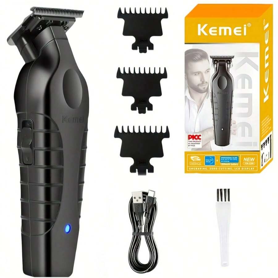 USB充电式毛发修剪器 - Kemei KM-2299 适用于居家和沙龙的精准理发，是理想的礼物之选 - 黑色 - 查看 1