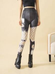 1 Pair Minimalist Printed Tights, Denim-Look Hollow Out Printed Leggings