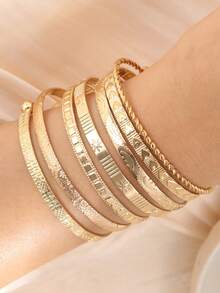 25pcs Exaggerated Fashion Geometric Round Disc Wide Bangle Set, Textured Pattern Multilayer Bracelet Suit, Suitable For Women Daily Wear, Dating, Party, Gift, Holiday - Yellow Gold - View 15