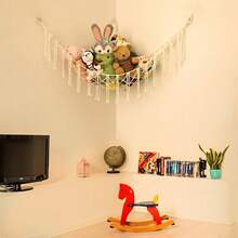 Toy Storage Hammock Net, Bohemian Corner Hanging Net Holder With Hooks, Plush Toys Storage Mesh Hammock, Home Decorations, Bedroom Decorations, Home Textiles, Fabric Storage Bags - White Basic - 查看 5
