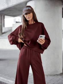 2pcs Women Solid Color Round Neck Long Sleeve T-Shirt And High Waist Wide Leg Pants Set, Suitable For Autumn/Winter Everyday Wear