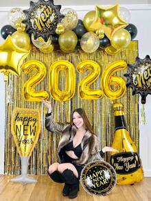 Zestaw 11 balonów dekoracyjnych na imprezę noworoczną 2026, zawiera złote balony z cyframi "2026", czarno-złote balony z liśćmi, złote balony z gwiazdkami, butelkę szampana noworocznego, kieliszek do szampana, balony "Wesołego Nowego Roku" przez cały rok, odpowiednie na imprezę noworoczną 2026, czarno-złota dekoracja na imprezę tematyczną, rekwizyty do fotografii noworocznej 2026, koktajlowe, urodzinowe, ślubne, rocznicowe