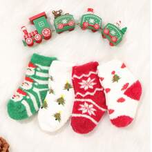5 Pairs Kids Christmas Santa Claus Cartoon Pattern Christmas Socks, Christmas Holiday Gift Socks