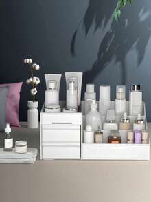1pc Charming White Cosmetics Storage Box With Fashion Drawer - Large Capacity Cosmetics Display Box, Luxury Multi-Layer Cosmetics Storage Rack - Spacious Desk Storage Rack For Storing Skin Care Products, Perfume And Toiletries, Large Capacity, Table Top And Dresser Storage Rack - Fashionable Cosmetics Rack Suitable For Family And Travel, Christmas Gifts,For Holiday Beach, Bathroom Collection, Bedroom Collection, Large Capacity