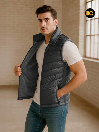 Big City Chaleco acolchado para hombre color azul marino, sin mangas con cierre frontal y bolsillos laterales, abrigo ligero tipo puffer casual moderno para clima frío, ropa exterior versátil para invierno, otoño o entretiempo, ideal para combinar con jeans o playera