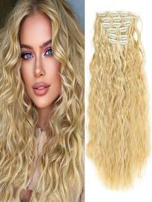 6pcs 61cm Black Clip-In Hair Extensions, Synthetic Curly Hair Pieces Suitable For Party, Daily Wear Or Hairpiece