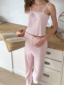 Nina Bonheur 2 件套女士吊带背心短款上衣 + 直筒松紧腰裤睡衣套装 - 藕粉色 - 查看 10