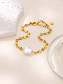1 PC Fashion Faux Pearl Round Pendant Bracelet For Women Stainless Steel Gold Color Chain Bracelet 2025 New Party Wedding Couple Jewelry Gift
