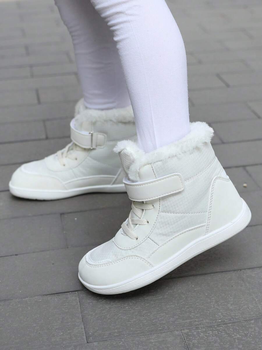 1 par de botas de nieve para niños y niñas, de piel sintética de unicolor con forro térmico, con cierre de gancho y bucle, cómodas, suaves, antideslizantes y duraderas, adecuadas para el otoño/invierno