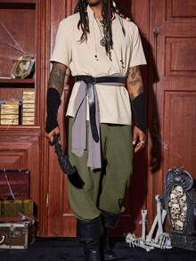 Runcati Men's Medieval Viking Pirate Pants Banded Ankle Lace Up Cotton Renaissance Gothic Halloween Costume Trousers - 軍綠色 - 查看 3