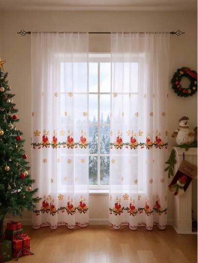 1 pieza Cortina bordada navideña, cortina bordada con tema navideño, adecuada para fiesta de Navidad, decoración del hogar para sala de estar, cocina, dormitorio, decoraciones navideñas, decoración navideña, decoraciones navideñas para el hogar, decoración de habitación