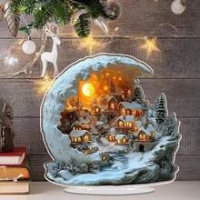 1 pieza Decoración acrílica de escena de aldea de invierno navideña en 2D - Escena de escritorio impresa de alta definición, multiusos, sin texto, ideal para el hogar, la sala de estar, la oficina, regalo de Navidad, Acción de Gracias, decoración de cumpleaños, decoración navideña