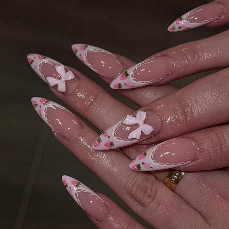 Pastoral French Strawberry Wear Nail 3D Bow Nail Art Nail Tips Almond-Shaped False Nails - BW162 - 查看 1
