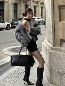 Luxurious Vintage Fashion Women's Thick Warm Jacket With Faux Fur Collar, Winter Coat, Soft Plush Fur - Grey - View 6