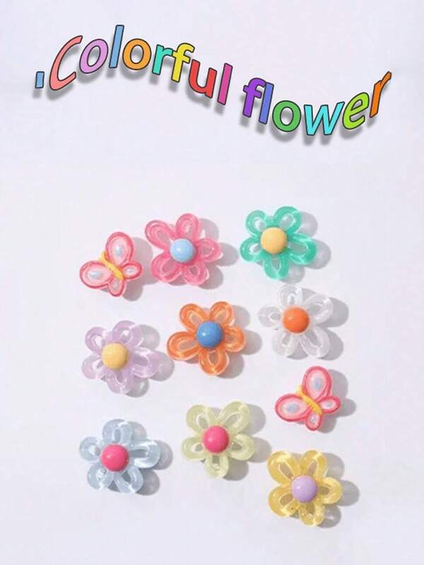 10 قطع من الزخارف الملونة المصنوعة من الراتنج بشكل زهور، تصميم مجوف مناسب لتزيين الأحذية والإكسسوارات DIY
