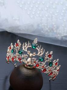 1 件圣诞主题合金皇冠，节日气氛红绿水钻驯鹿设计，引人注目的圣诞节，圣诞派对头饰 - 彩色 - 查看 4