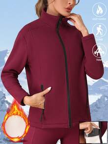 Damen Outdoor Fleecejacke, einfarbig, modisch-Lässig mit Taschen, dick gefüttert, slim fit, geeignet für Herbst/Winter Yoga, Fitness, Laufen, Outdoor-Sport, Rot