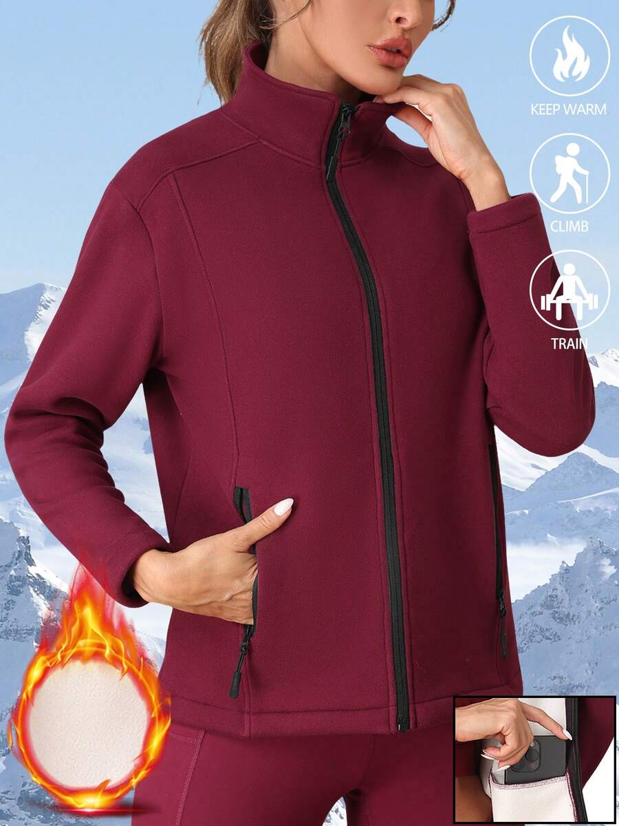 Damen Outdoor Fleecejacke, einfarbig, modisch-Lässig mit Taschen, dick gefüttert, slim fit, geeignet für Herbst/Winter Yoga, Fitness, Laufen, Outdoor-Sport, Rot