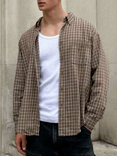 2025秋冬最新款男士格纹长袖单排扣口袋休闲通勤衬衫