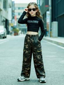 Girls' Versatile Camouflage Cargo Pants, New Outdoor Casual Sports Loose Straight Leg Trousers, Tween Girl & Teens Clothing
