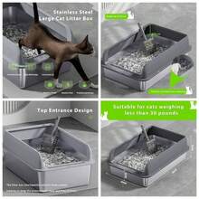 60 * 40 * 20cm Arenero para Gato de Acero Inoxidable, arenero para Gato, Diseo De Entrada Superior, con Pala - Gris - Ver 1