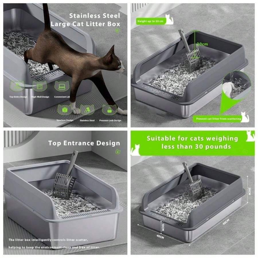 60 * 40 * 20cm Arenero para Gato de Acero Inoxidable, arenero para Gato, Diseo De Entrada Superior, con Pala - Gris - Ver 1