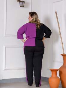 Maison Raglan Sleeve Blouse And Plus Size Summer Pants Set - Purple - View 6