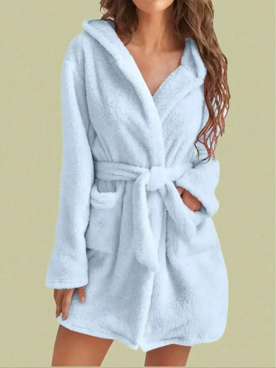 1 Piece Of Women's Solid Color Hooded Robe With Belt, Cozy And Warm Fleece Pajamas For Home Wear In Autumn And Winter.