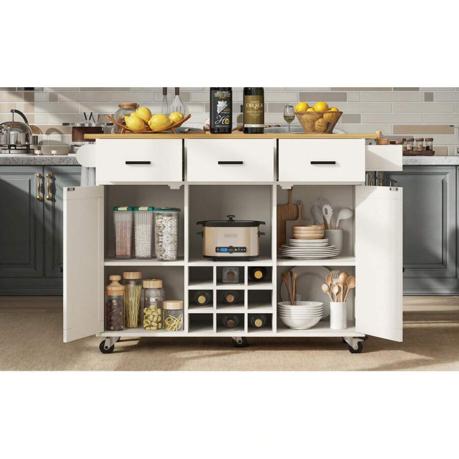 Dining Cart, Kitchen Cart, Removable Dining Cart With Worktop, Towel Rail And Spice Rack, Adjustable Dividers, Buffet Cabinet, Kitchen Cabinets, Tabletop With Wood Grain, White