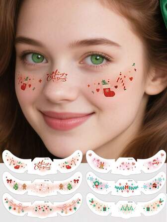 6件套可爱圣诞妆容脸贴可爱卡通圣诞派对雀斑临时脸部纹身圣诞装饰圣诞礼物