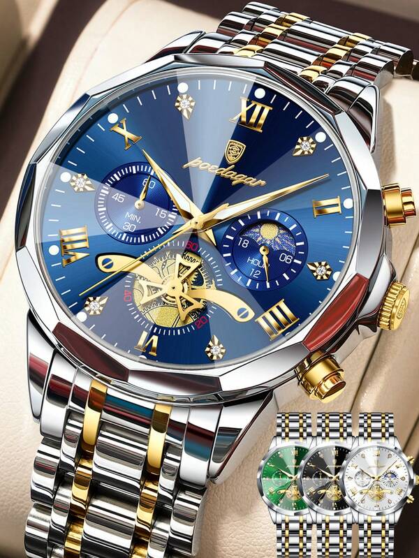 POEDAGAR 1pc Business Men's Stainless Steel Chronograph Quartz Wristwatch, Luxury Waterproof Luminous Watches For Men, Casual Man Wrist Watch Suitable For Daily Occasions, Holiday Gifts For Men