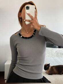 Livesso Sequin Decor Hollow Out Fitted Halter Neck Long Sleeve Elegant Sexy Women Knit Sweater, Autumn/Winter - Grey - View 3