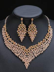 3 件新娘首饰套装：耳环、项链、水钻和方晶锆石，高端婚纱配饰