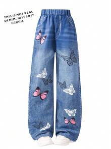 Tween Girls' Casual Butterfly Print Pants, Suitable For Daily, Commuting, Outdoor, Minimalist Style, Spring/Summer