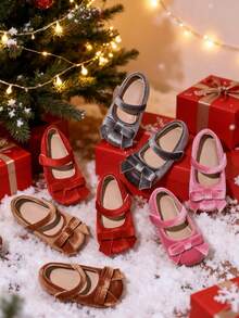 1 Pair Girls/Toddlers Mary Jane Bow Flat Shoes, Warm Indoor/Outdoor Party Holiday Flats Suitable For Christmas Party
