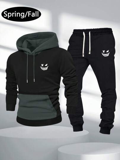 مجموعة هوديي رقيق وبنطلون رياضي للرجال، مطبوع بنمط وجه شخصي لعيد الهالوين بألوان متباينة، ملابس كاجوال مع جيوب وخصر بسحاب، مناسب للأنشطة الخارجية في الربيع/الخريف، للسفر والاسترخاء، هدية رائعة للزوج أو الصديق