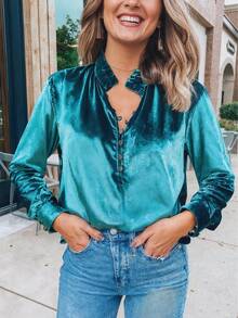 1pcs Casual Velvet Ruffle Stand Collar Pullover Shirt, Ruffle Cuffs, Button Half-Open Placket, Very Suitable For Autumn And Winter Season, Machine Washable Autumn And Winter - Blue - View 2