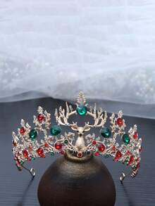 1 件圣诞主题合金皇冠，节日气氛红绿水钻驯鹿设计，引人注目的圣诞节，圣诞派对头饰 - 彩色 - 查看 2