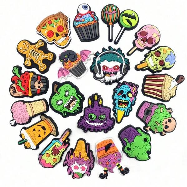 20 PCS Halloween-Themed Party Series, Halloween-Themed Shoe Decoration Accessories, Soft PVC Ghosts, Skeletons And Festive Designs - Plastic Shoe Accessories, Covering Classic Halloween Elements Such As Pumpkin Heads, Ghosts, Bats, And Skulls, With A Quirky, Mysterious And Festive Style, Suitable For Decorating Shoes, Bags, Hats