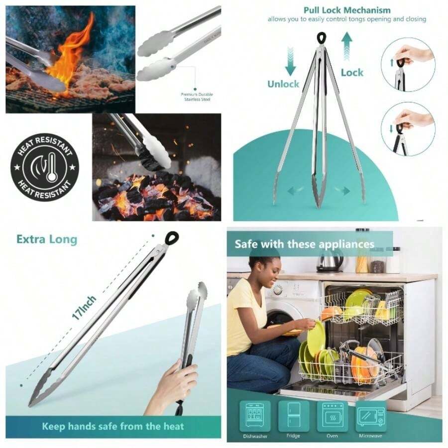 Pinzas para parrilla, pinzas largas de 17 pulgadas, pinzas de metal de acero inoxidable de alta calidad para cocinar, asar, carbn, barbacoabarbacoa, buffet 17 pulgadas, 2 piezas - 17", 2 piezas - Ver 1